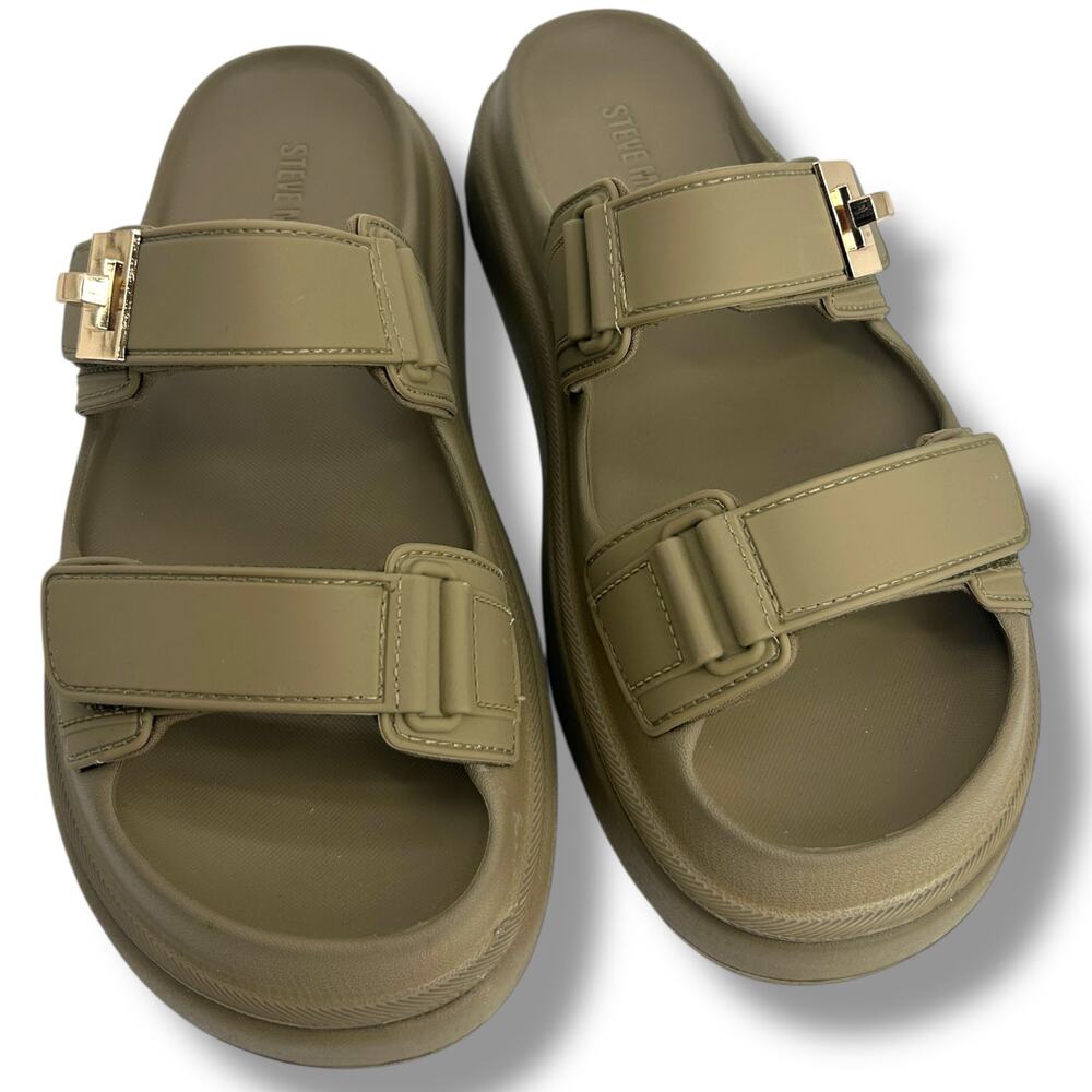 Steve Madden Bigschmona Platform Slide Sandals Size 8 Olive Green Flatform EUC - Picture 3 of 12